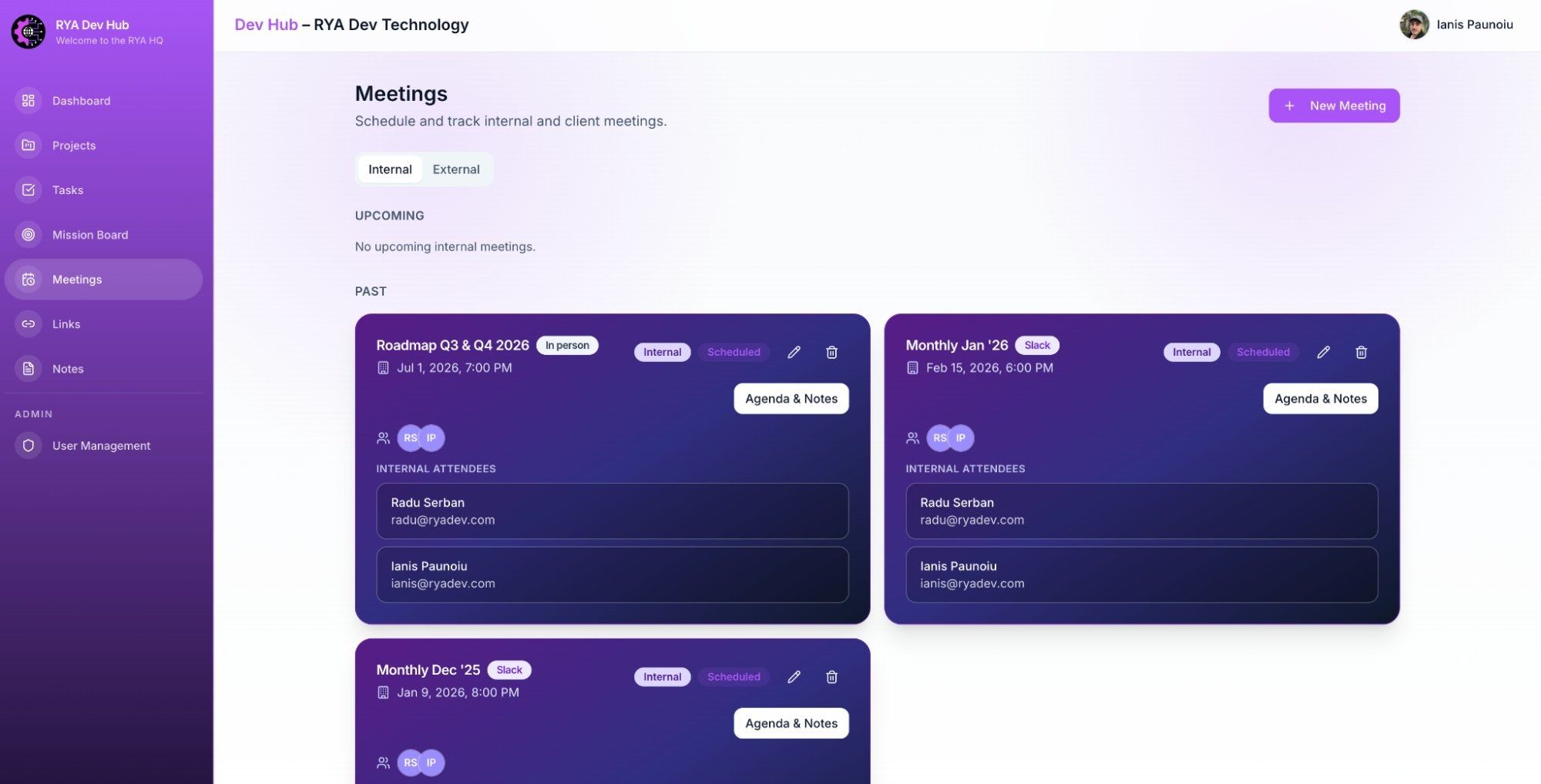Pagina Meetings din RYA Dev Hub: filtre pentru întâlniri interne și externe și cardurile întâlnirilor anterioare, fiecare cu data, participanții și butonul Agenda & Notes.