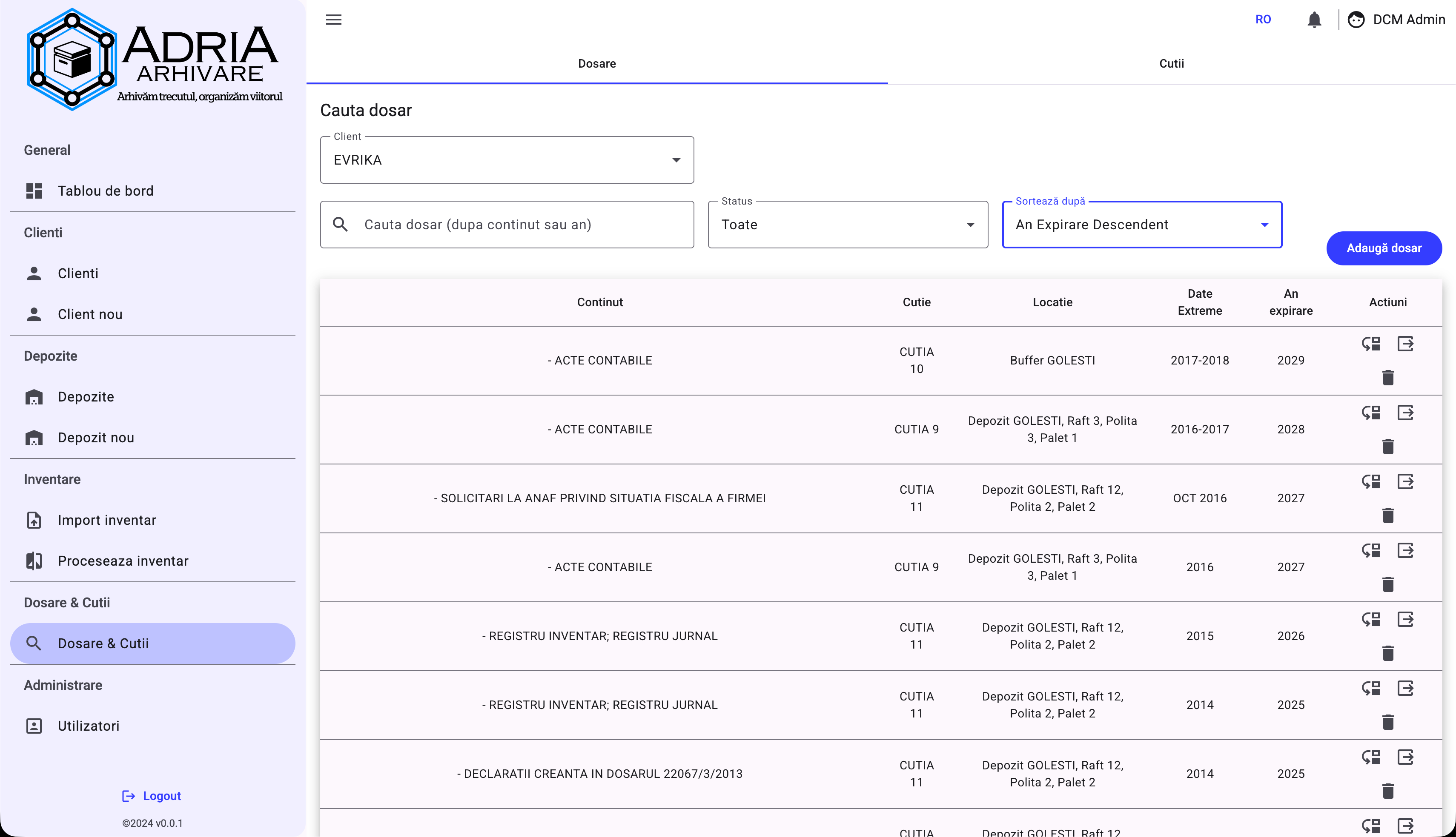 Inventar web DCM DEPOT: căutare de dosare cu cutie, locație și date extreme