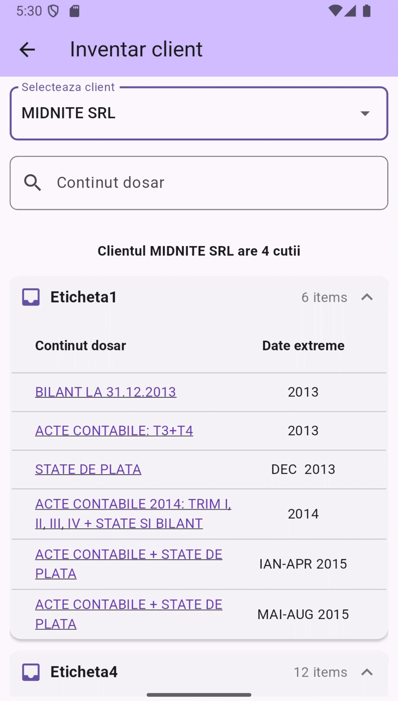 Aplicația mobilă: inventarul unui client, grupat pe cutii
