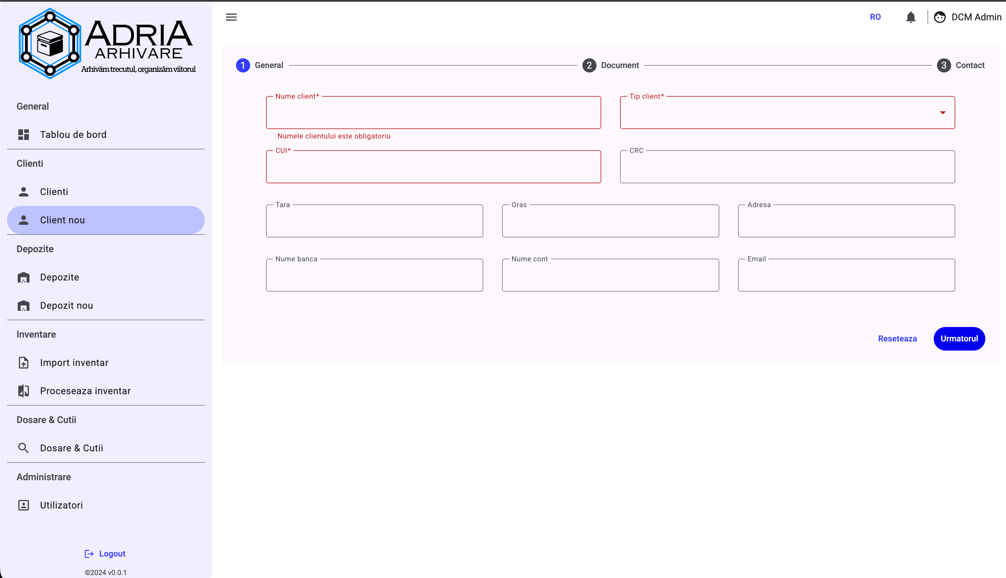 Formular de înregistrare client, cu pași și validare