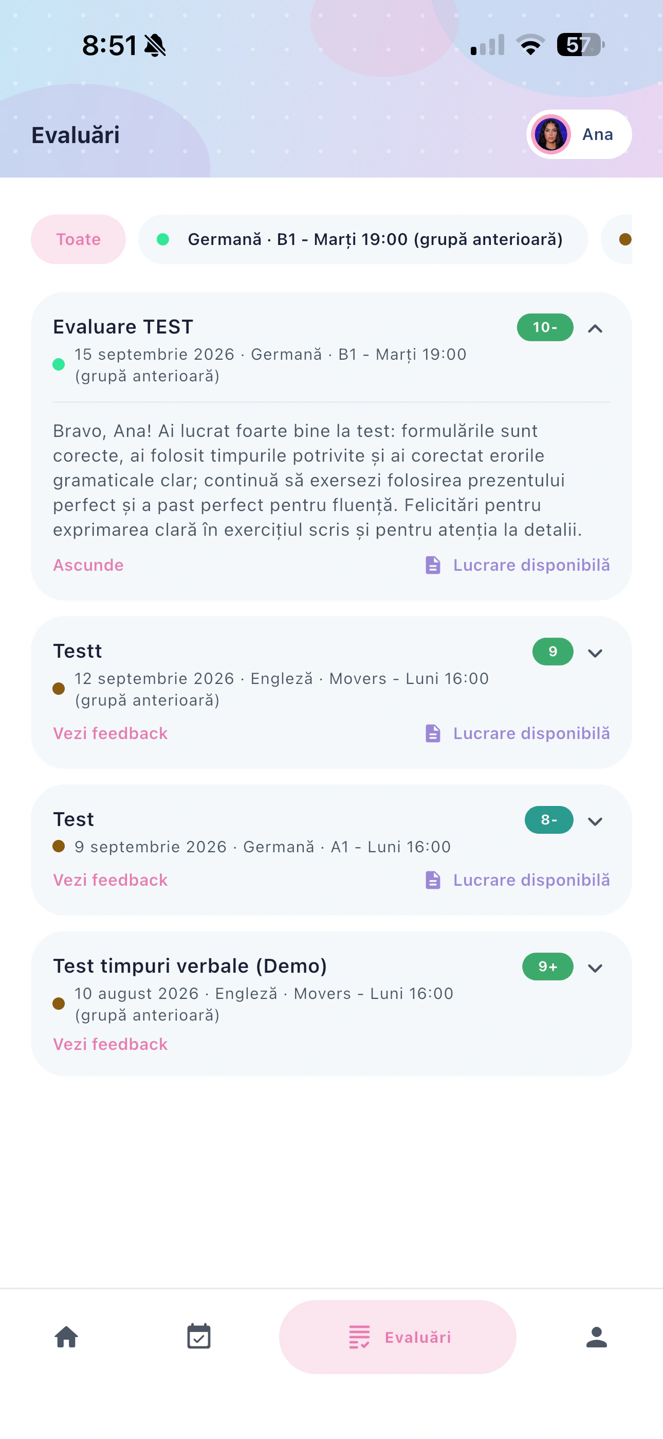 Părinte: evaluări cu feedback și lucrare disponibilă