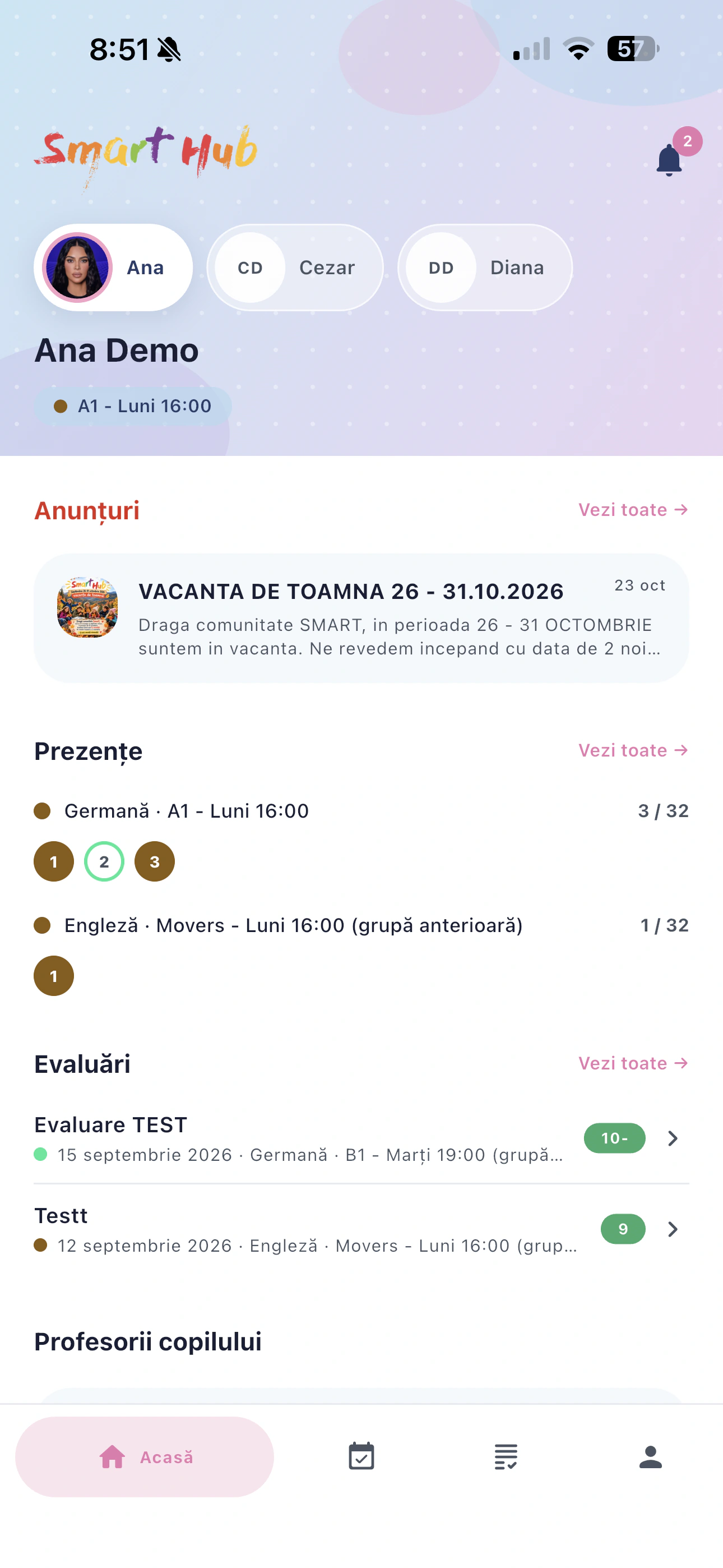 Aplicația părintelui, ecranul Acasă